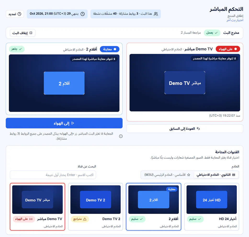 شاشة التحكم المباشر بلوحتي «على الهواء» و«معاينة» جنبًا إلى جنب، وزر «إلى الهواء»، وشبكة القنوات مع حالة كل قناة.